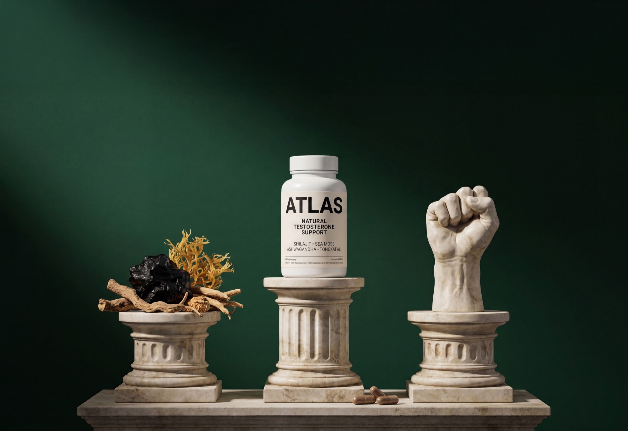 Atlas ingredients, bottle and a marble fist on classical marble columns