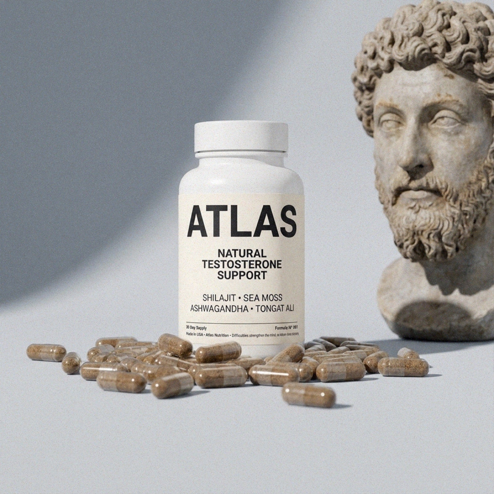 Atlas bottle with capsules and a classical bust